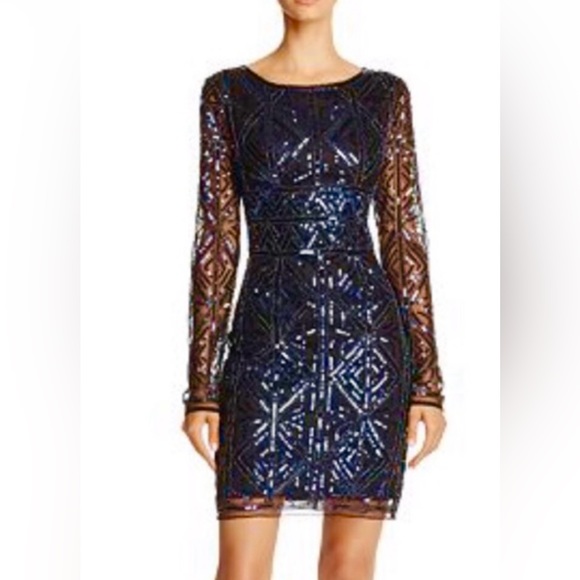 MOLLY BRACKEN SHEER LONG SLEEVE SEQUIN MINI DRESS navy blue size S - Picture 2 of 11